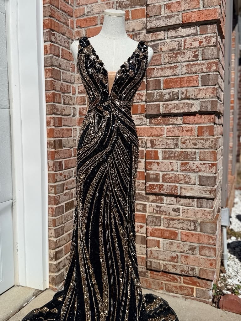 Elegant Black & Gold Sequin Evening Gown